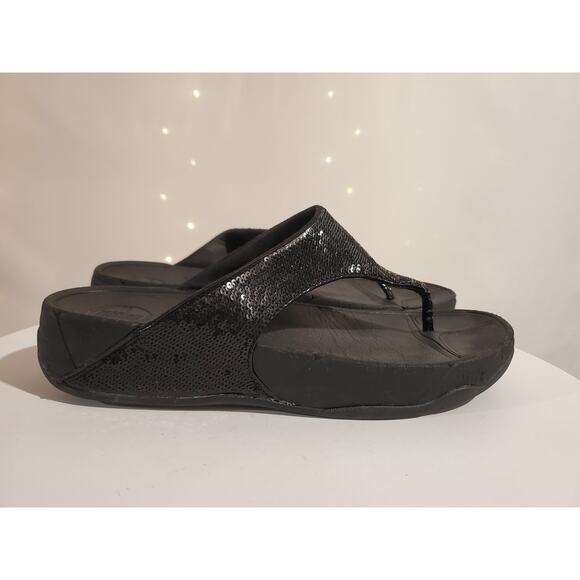 FitFlop Lulu Sequin Platform Post Thong Sandals Size 9M Black Beach Party Glam - Picture 3 of 7